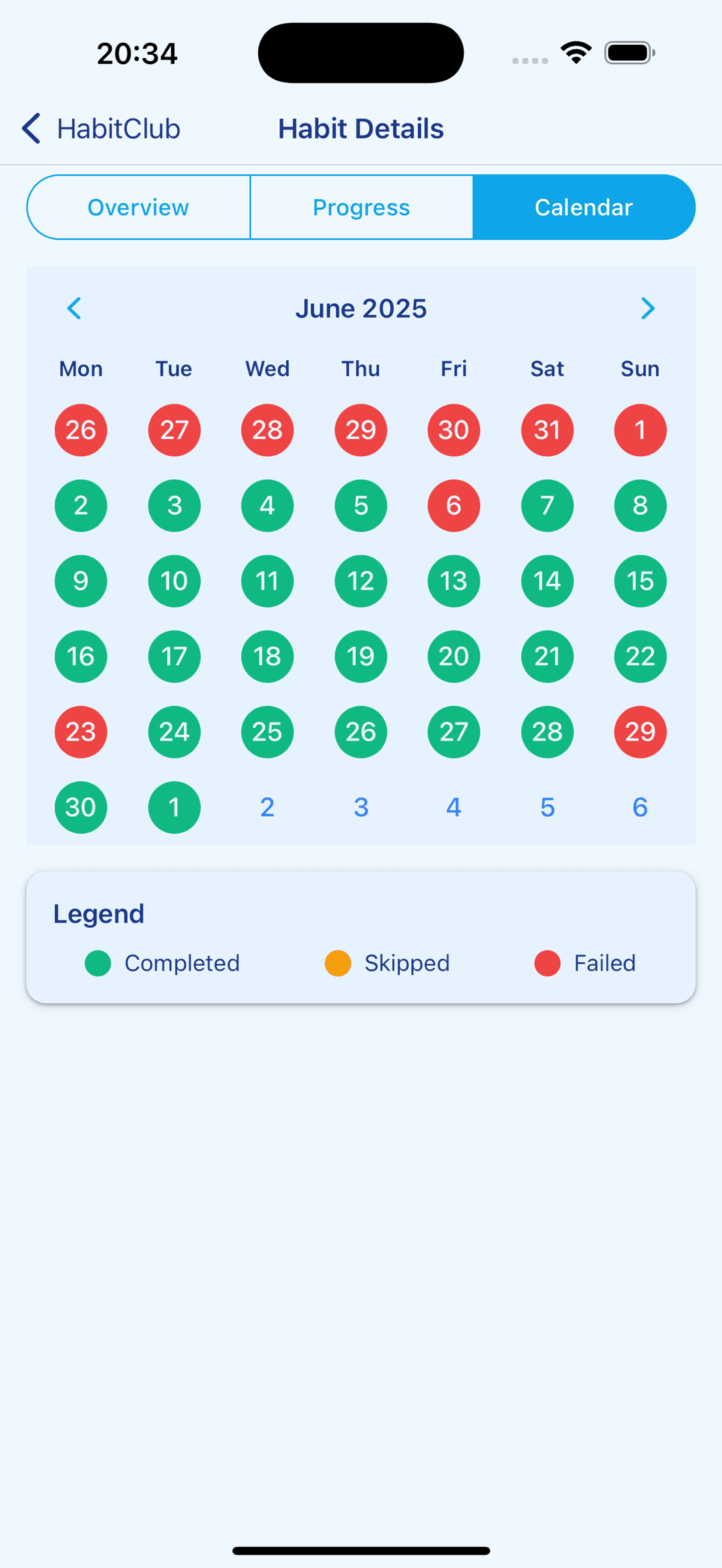 Monthly habit calendar marking completed, skipped, and failed days at a glance