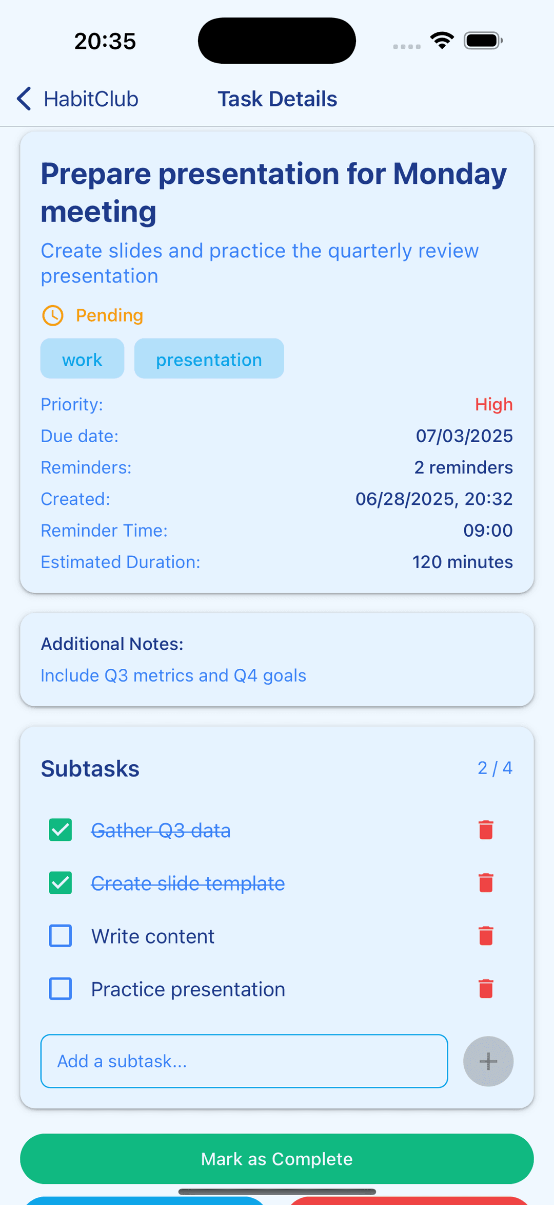Task detail screen with priority, due date, reminders, estimated duration, and a subtask checklist