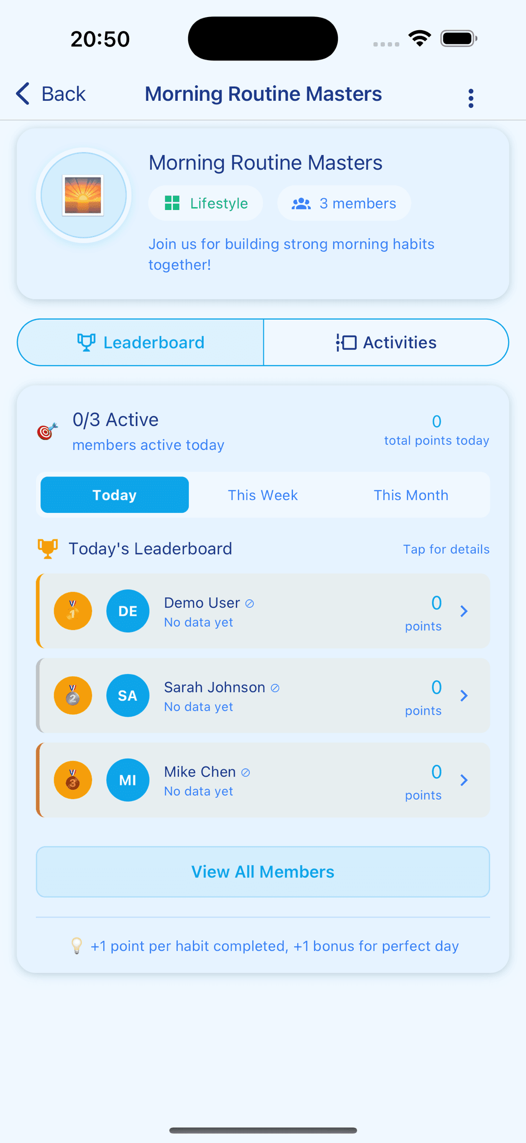 Habit club leaderboard showing members ranked by daily points in a morning routine club