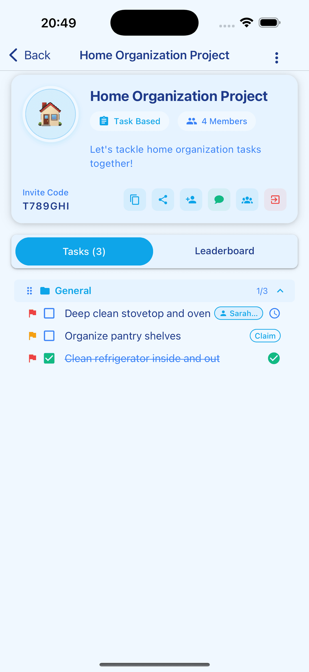Task-based club with an invite code, member list, and a shared to-do list friends can claim