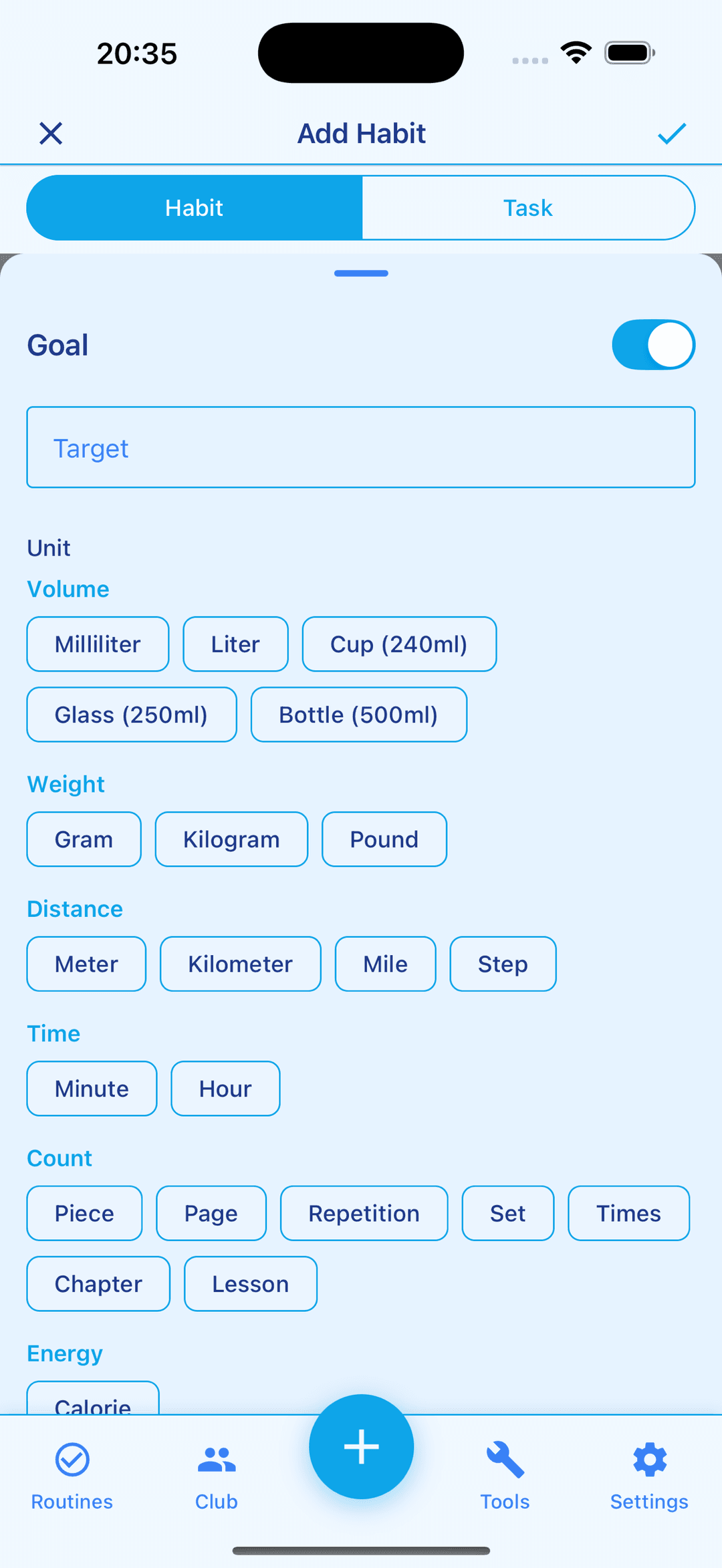 Habit goal setup with target units for volume, weight, distance, time, and count