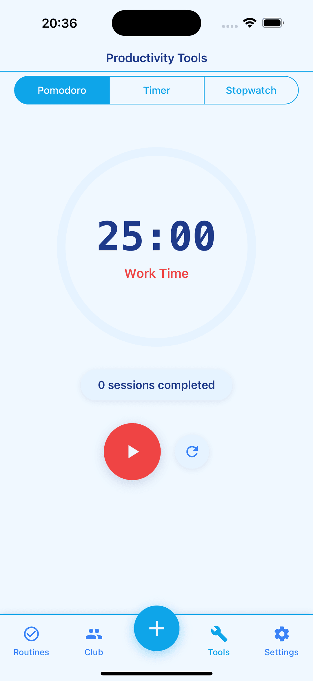 Built-in Pomodoro timer with 25-minute work sessions alongside a custom timer and stopwatch